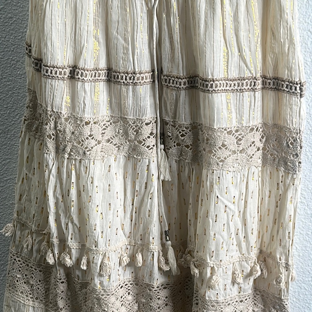 Me 2 magic Elegant ivory metallic tiered crochet Maxi Dress s xL boho vacation - Picture 6 of 16